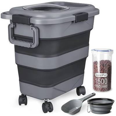 Dog Food Storage Container,23-25 lbs Airtight Collapsible Cat Food Storage Container with Attachable Wheels, Portable Handle, Dog Food Scoop for Dog Cat Bird Pet Dry Food Storage Bin Dark Grey