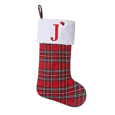 20" Personalized Red Plaid Christmas Stocking,Embroidered Letter J | Red plaid Christmas stocking ,polar fleece cuff w/red embroidered initial,Holiday Fireplace Decor for Xmas Party,Festive Gift