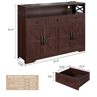 51" Dark Brown Buffet Sideboard Cabinet, Farmhouse Storage Cabinet Kitchen | Pantry with Shelf and Drawers, Wood Cupboard Hutch Cabinet, Coffee Bar Station Table for Kitchen, Living Room, Dining Room