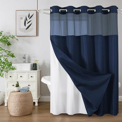 Colorful Star Navy Blue No Hook Waffle Shower Curtain Set, 72" W x 75" L