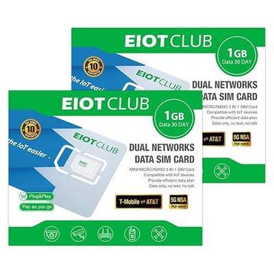 (2 Pack) EIOTCLUB Prepaid SIM Card 1GB/30Day, 5G/4G LTE SIM Card, Support for AT&T and T-Mobile in The USA, Data Only SIM Card for Security Camera Trail Camera Router Hotspot Unlocked Devices