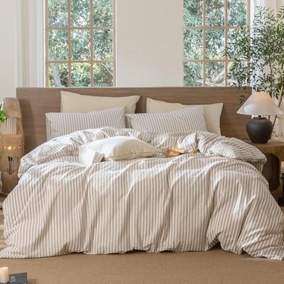 MooMee Striped Duvet Cover Set 100% Washed Cotton Linen Like King | Relaxed Linen-like Texture. Soft, Breathable & Long-lasting Comfort. Lightweight. Hidden Zipper with 8 Interior Corner Ties