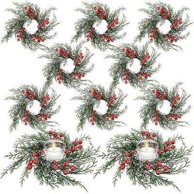 10 Pcs Christmas Candle Rings Wreath Artificial Candle Rings with Red Berry, Snowy Pine Garland Candle Ring Holder for Christmas Decorations Table Centerpiece