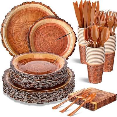 FillTouch 350 Pcs Wood Grain Fall Paper Plates Hunting Camping Party Supplies Rustic Autumn Disposable Napkins Cups Cutlery Knives Fork Spoons for 50 Guests Autumn Harvest Thanksgiving Birthday