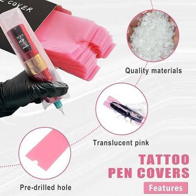 LEEYUKA 200Pcs Large Tattoo Machine Pen Covers with 6Pcs Grip Tape | Pink Tattoo Pen Sleeves with Self-Adhesive Tape Tattoo Supplies