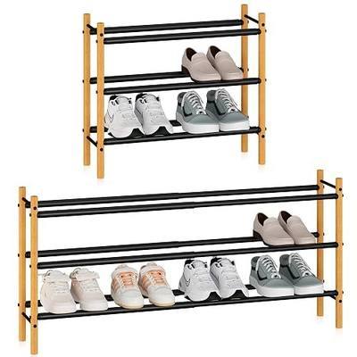 Storage MANIAC Expandable Shoe Rack, 12 Pairs Stackable Small Shoe Rack, Metal Adjustable Shoes Organizer for Closet, Entryway, Hallway, Garage, Front Door, Shoes Shelves, Bamboo 3 Tier