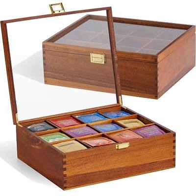 HouseJoy Wood Tea Bag Organizer: 12 Compartments with Clear Glass Lid | Acacia Wood-Large Capacity-Tea Bag Storage Holder for Countertop Kitchen Pantry-Gift For Tea Lover-Keep Tea Bag Fresh