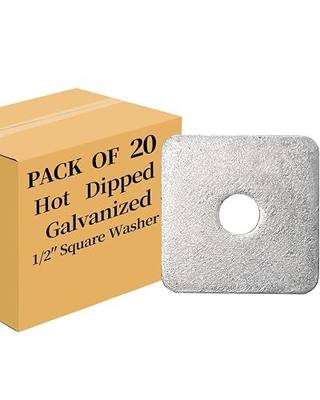 20-Pack 1/2” Hot-Dipped Galvanized Steel Square Washers, Flat Pad Spacer for Square Nut Fasteners, 1/2” ID x 2” Square x 0.18” Thick