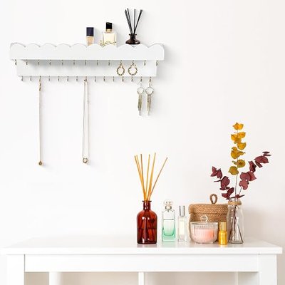 Wall Mount Jewelry Organizer with 28 Hooks and Cosmetics Shelf, Modern Wood Hanging Jewelry Holder for Necklaces, Bracelets, Earrings and Rings, White