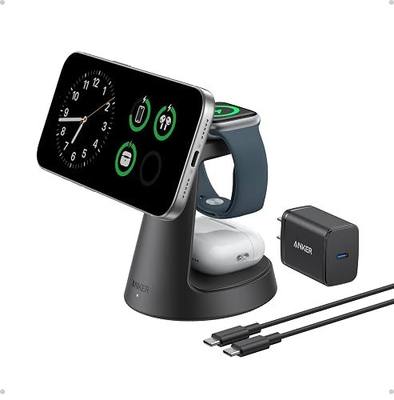 Anker MagSafe Charger Compatible, MagGo 3-in-1 Qi2 15W Charging Station | Wireless Charger, Magnetic Charging Stand for iPhone 17 / 16 / 15 Series, Apple Watch, AirPods, and More (Adapter Included)