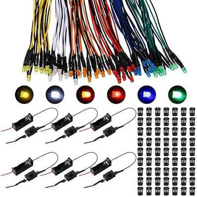 126 Pcs 12v LED Lights Kit, 60 Pre Wired LED Light Emitting Diodes 60 Plastic Lampholder 6 Battery Holder for Model Assortment Crafts Dollhouse (3 mm)