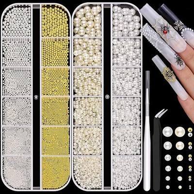 2 Boxes Flatback Pearls (White+Beige) And Metal Nail Beads (Silver+Gold) For Nail Art, Luxurious Pearl Nail Charms and Gems and Small Round Caviar Beads Nail Accessories For Acrylic Nail Tips Manicure