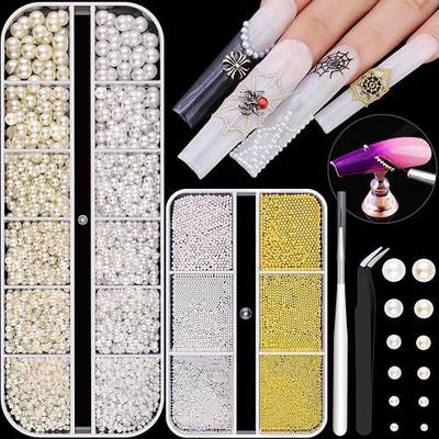 2 Boxes Flatback Pearls (White+Beige) and Metal Nail Beads (Silver+Gold) for Nail Art, Pearl Nail Charms and Small Round Caviar Beads Nail Accessories for Acrylic Nail Tips Manicure Decor