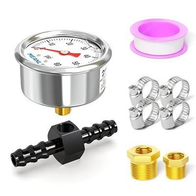 MEANLIN MEASURE 0-60Psi Stainless Steel Glycerin Filled Pressure Gauge 1/8" NPT 1.5" FACE DIAL, with 5/16" Barb Aluminum Fitting Adapter Liquid Filled Pressure Gauge (9Pieces Kit, Back Mount)