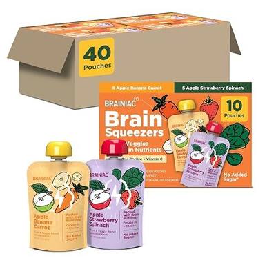 Brainiac Fruit and Veggie Applesauce Variety Pack Pouches, Apple Banana Carrot, Apple Strawberry Spinach, Unsweetened Applesauce with Immune Boosting Vitamin C, Omega-3s & Choline, 40 Count, 3.2 oz.