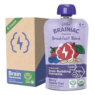 Little Brainiac Breakfast Blend Organic Fruit & Oat Toddler Pouches, Berry Apple Oat with Omega-3s DHA/EPA and Choline, Clean Label, BPA-Free, Non-GMO, 3.5 oz, Pack of 12