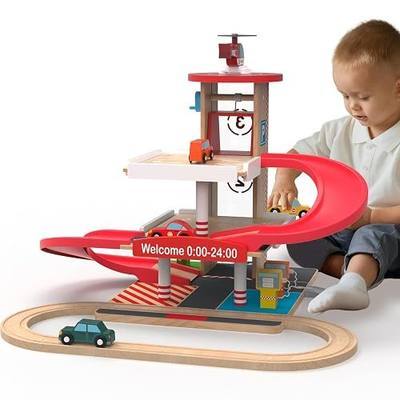 Wooden Parking Garage Toy Set for Toddlers Ages 3-5 | Hand-Crank Elevator & Spiral Ramp Track, Compatible with Standard Train Tracks, Birthday Christmas Gift for Boys and Girls