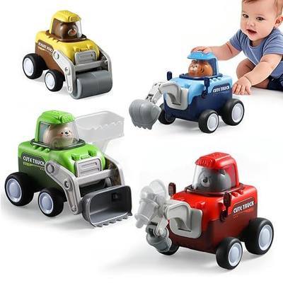 4-Pack Construction Toy Trucks for Toddlers 1-3 - Press & Go Cars with Bulldozer, Excavator, Racing & Sand Trucks - Toddler Car Toys for Boys & Girls, Durable Vehicle Play Set for Kids