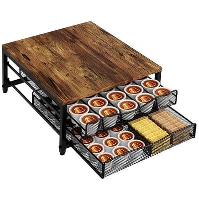 VyGrow Coffee Pod Holder For Counter, Wooden K Cup Holder with Double Layer Sliding Drawer, Large Capacity Coffee Pod Storage for Coffee Station, Home, Office, Kitchen