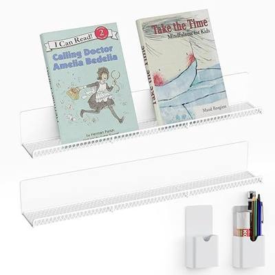 DTUQYX Metal Magnetic Book Shelf: 17” Magnetic Bookshelves for Whiteboard 2-Pack with 2 Pen Containers Strong Adsorption, Durable Floating Book Display Shelf, Movable Office File Holder (White)