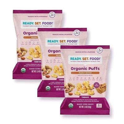 Organic Puffs - Early Allergen Introduction Snack Puffs w/ 9 Top Allergens: Organic Peanuts, Cashew, Egg & More by Ready Set Food, No Added Sugar, Babies 8+ Months, Peanut Butter 3-Pack