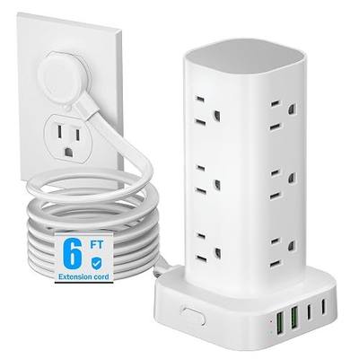 Tower Power Strips with Surge Protection, 6FT Flat Extension Cord with Multiple Outlets, 12 AC 4 USB Ports, Overload Protection Charging Station for Office Home Dorm Room Travel (White)