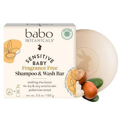 Babo Botanicals Sensitive Baby Fragrance-Free 2-in-1 Shampoo & Wash Bar - Shea Butter, Calendula & Aloe Vera - EWG Verified - Cruelty-Free - Vegan - Pediatrician Tested - For Babies & Kids