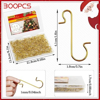 300 Pcs S-Shaped Ornament Hangers with Storage Box - Festive Christmas Tree Decorations (Gold)