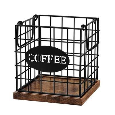 Coffee Pod Holder Organizer, Large Capacity K Cup Holder Organizer | Storage Basket for Kitchen Countertop Office Coffee Bar with Wooden Base & Handle Design (Rustic Brown-Square)