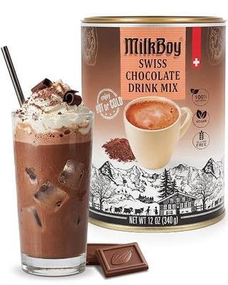 MilkBoy Swiss Hot Chocolate Mix, Dairy Free Cocoa Powder - 12 oz Can | Rich Swiss cocoa powder with smooth chocolate flavor. Vegan. Gluten free. Kosher. Rainforest Alliance certified.