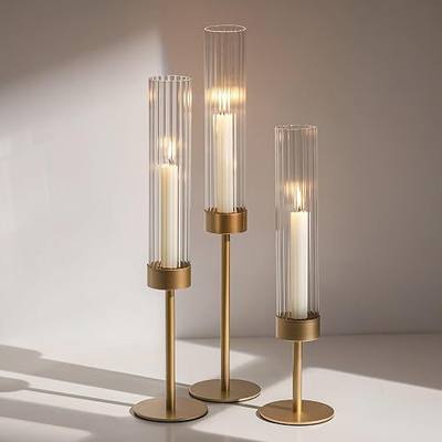 Gold Hurricane Taper Candle Holders: Glasseam 3Pcs Brass Candlestick Holders with Ribbed Glass Cylinder Cover Fluted Tall Candle Sticks Holder Decor for Table Centerpiece Wedding Christmas Decorations