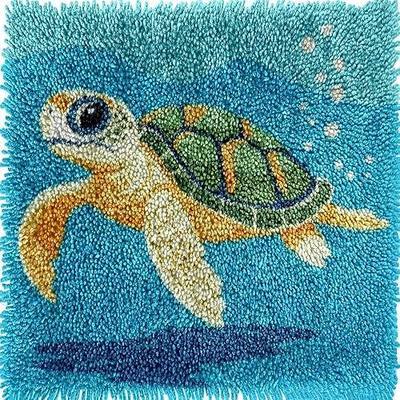 Generic Cute Cartoon Sea Turtle Latch Hook Kits Mini Rug DIY Handmade Crochet Yarn Needlework Hook and Latch Kit Printed Canvas Carpet Cushion Cover Home Christmas Decoration 30x30cm(3)