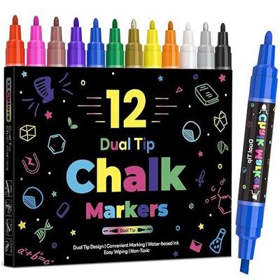 12 Dual Tip Liquid Chalk Markers - Erasable Marker Pens for Blackboard, Chalkboard Signs, Glass, Chalk Pens Wet Erase Makers for Bar Menu, School,Wedding Sign, Just Married Car Windows Decorations