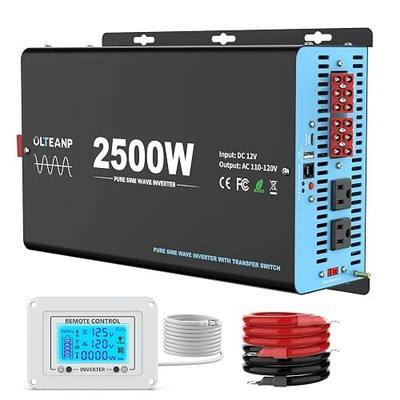 2500W Pure Sine Wave Power Inverter with Transfer Switch, 12V DC to 120V AC Converter, Auto Switch to Shore Power, 5000W Peak, Remote LCD Controller, USB & Type-C for RV, Truck, Off-Grid Use