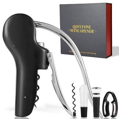 Wine Bottle Corkscrew Opener, Vertical Lever Corkscrew 5-Piece Set, Manual Vertical Design, Includes Wine Foil Cutter, Extra Spiral, Wine Pourer and Wine Stopper, Elegant Gift Box, Black