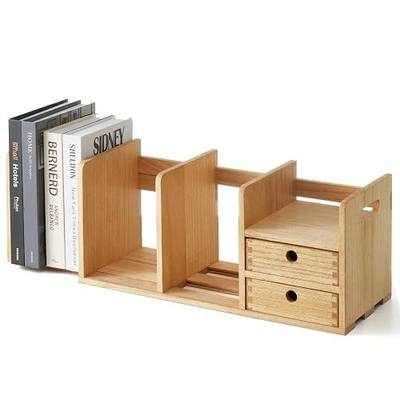 KIRIGEN Wood Desktop Bookshelf with Drawer Expandable Desk Shelf SSSJ-L-NA | Solid Wood Shelf Adjusts 20.07-31.57 In Wide; Drawer Holds Supplies, Open Sections Hold Books and Files; Fully Assembled
