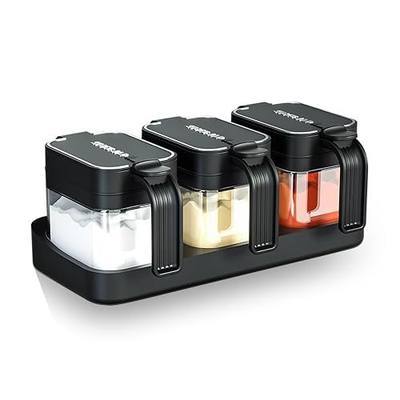 3 Pack Condiment Jars, Wall Mounted Seasoning Containers with Spoons, Black | 13.52oz Capacity, Wall-mountable, Lead-free Glass, Good Sealing, Flip Lids, Wide Mouth, 3 Spoons, Save Space for Countertop