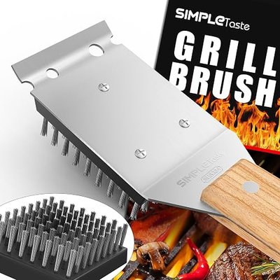 SIMPLETASTE Grill Brush and Scraper for BBQ, Durable & Effective, Replaceable Stainless Steel Head, Wooden Handle Wire Grill Brush for Outdoor Grill, Barbecue Accessories | Durable & Effective, replaceable Stainless Steel Head, Wooden Handle Wire Grill Brush for Grill, Barbecue Accessories