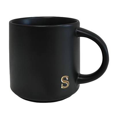 COLLECTIVE HOME Black Ceramic Coffee Mug, 15 oz Golden Monogram Tea Cup (s) | Personalized Halloween Mug with Gift Box, Dishwasher Safe, Birthday Present, Christmas Thanksgiving Mothers Day Gifts