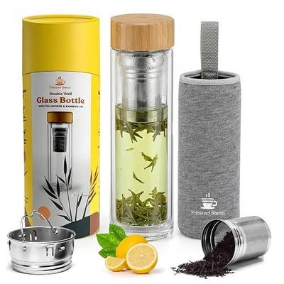 15oz Double Wall Glass Water Bottle with Bamboo Lid and Tea Infuser – Insulated, Leak-Proof, and Eco-Friendly Travel Tea Mug with Filter for Hot or Cold Beverages