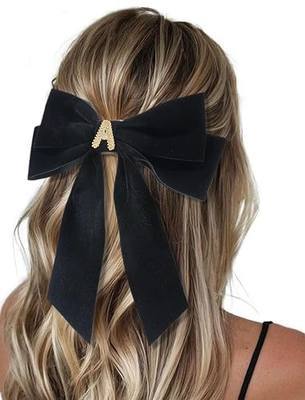 2Pcs Velvet Hair Bows Set – Black Elegant Bow Clip & Long Ribbon Hair Clip, Personalized Hair Accessories for Women, Girls & Kids, Gift for Weddings, Birthdays, Christmas-A