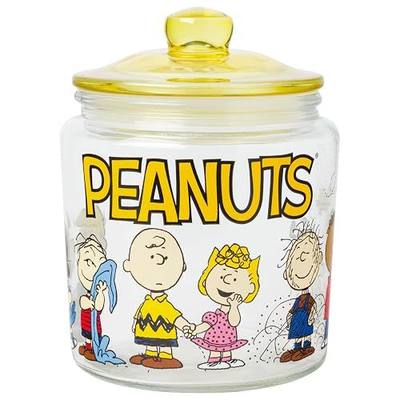 Silver Buffalo Peanuts Squad Featuring Snoopy, Glass Jar with Lid | Cookie Snack Candy Jar, Featuring Charlie Brown, Schroeder, Lucy, Linus, Sally, Pigpen, Woodstock, and Franklin, Small Size