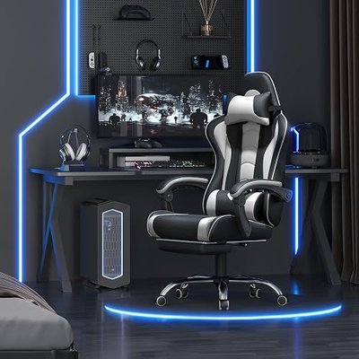 Yaheetech Gaming Chair with Footrest Massage Lumbar Pillow Black and White | Foam-padded PU leather racing seat and plush headrest recline with a slide-out footrest; metal frame supports up to 300 lb.