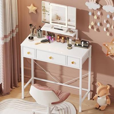 HIGDBFE Small Makeup Vanity Desk 27.5''W with Mirror and Lights, White | 3 Drawers, USB Lighted Mirror, Height-Adjustable Stand, Fabric Drawers, Girls/Kids Gifts, Bedroom, Small Space, Dorm
