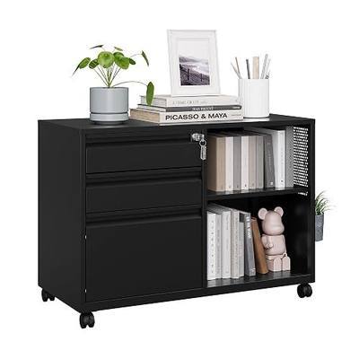 MIIIKO 3 Drawer File Cabinet with Lock, Metal Lateral Rolling Printer Stand Office Storage Filing Cabinets for Home Office,A4, Letter,File Folders(Black)