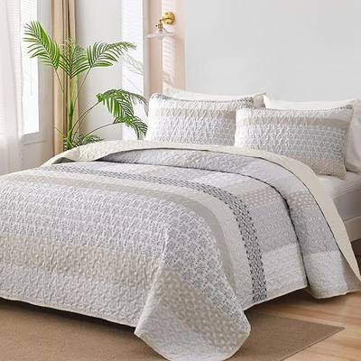 WONGS BEDDING Beige Quilt Queen Size, Bohemian Stripe Quilt Sets 3 Pieces Beige Boho Quilted Bedspread Set Lightweight Microfiber Coverlet Bedding Set All Season (96"x90")