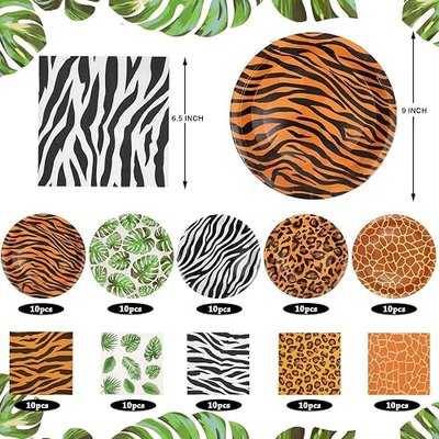 100Pcs Jungle Safari Wild Animal Party Supplies Disposable jungle zoo animal Print Paper Plates and Napkins for Birthday Party, Baby Shower and jungle safari theme party decorations