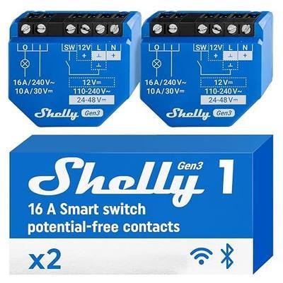 Shelly 1 Gen3, WiFi & Matter Smart Relay Switch with Dry Contacts, 1-Channel 16A, Alexa, Home Assistant, SmartThings & Google Home Compatible, DIY Smart Automation (2 Pack)