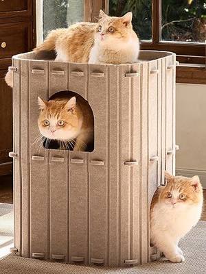 FUKUMARU Cat House for Indoor Cats, Warm Felt Cat Bed, Scratch Resistant | Large Cat Bed Cave, 3-in-1 Cat Condo, Cozy Felt Covered Cats Tunnel, 23.62 Inch Kitten Hideaway for Multicats, Beige