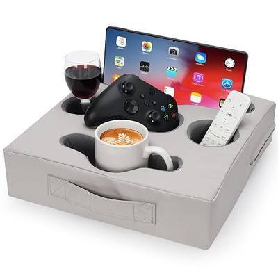 Couch Cup Holder Pillow Tray - Sofa Drink Cup Holder Cozy Buddy | Bed Caddy Organizer for Remote, Snacks Beverage, Phones, Tablet | Use it on Car, Pack, Beach, RV, Boat, Bedroom (Silvergrey)